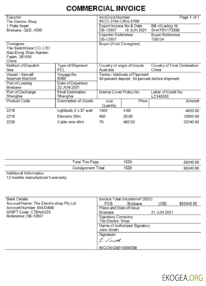 Facture d'entreprise Australie Commercial Invoice